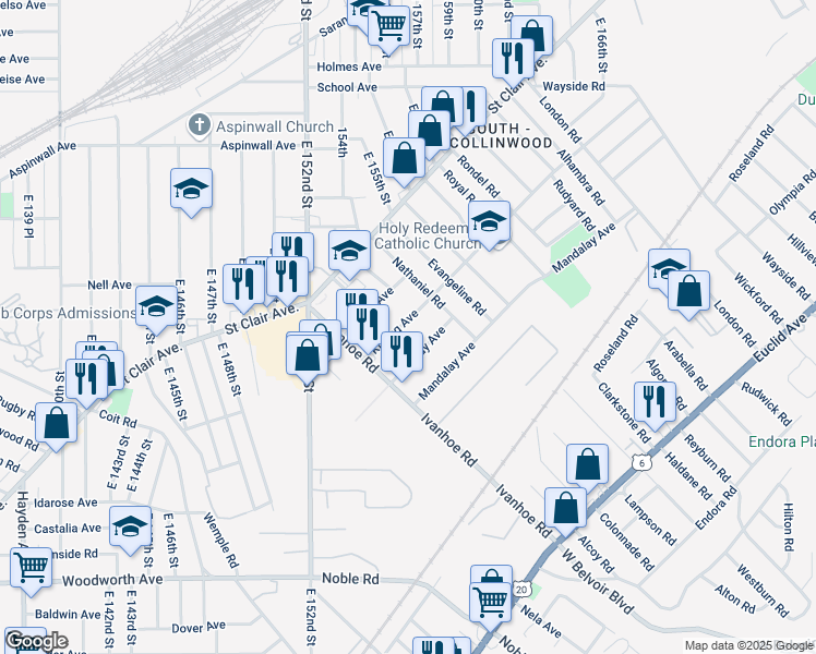map of restaurants, bars, coffee shops, grocery stores, and more near 15613 Kipling Avenue in Cleveland