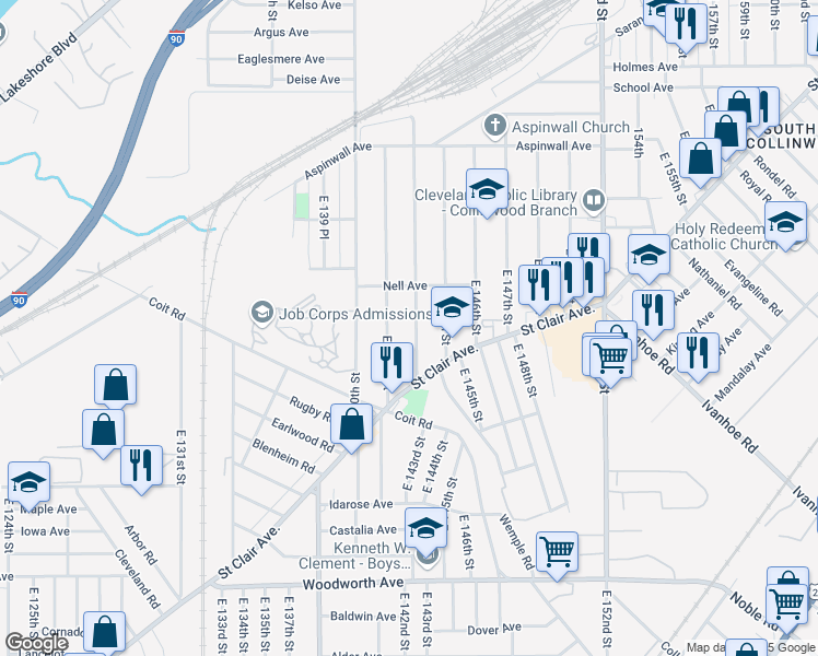 map of restaurants, bars, coffee shops, grocery stores, and more near 963 East 141st Street in Cleveland