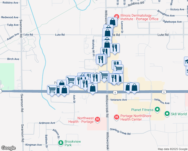 map of restaurants, bars, coffee shops, grocery stores, and more near 5934 Marbella Avenue in Portage