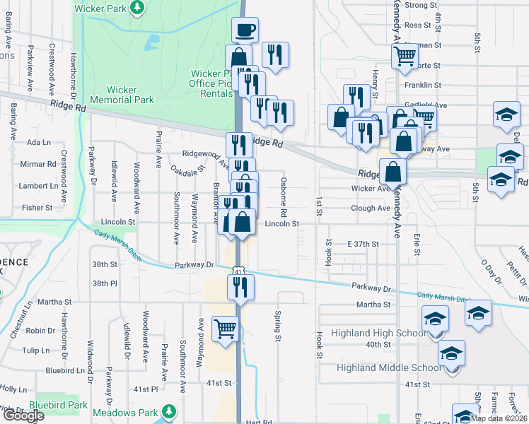 map of restaurants, bars, coffee shops, grocery stores, and more near 2441 Clough Avenue in Highland