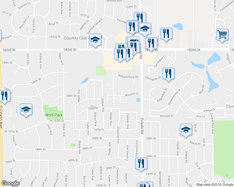 map of restaurants, bars, coffee shops, grocery stores, and more near 4541 Windsor Lane in Country Club Hills