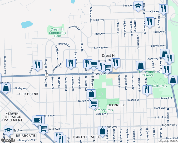 map of restaurants, bars, coffee shops, grocery stores, and more near 1610 North Prairie Avenue in Crest Hill