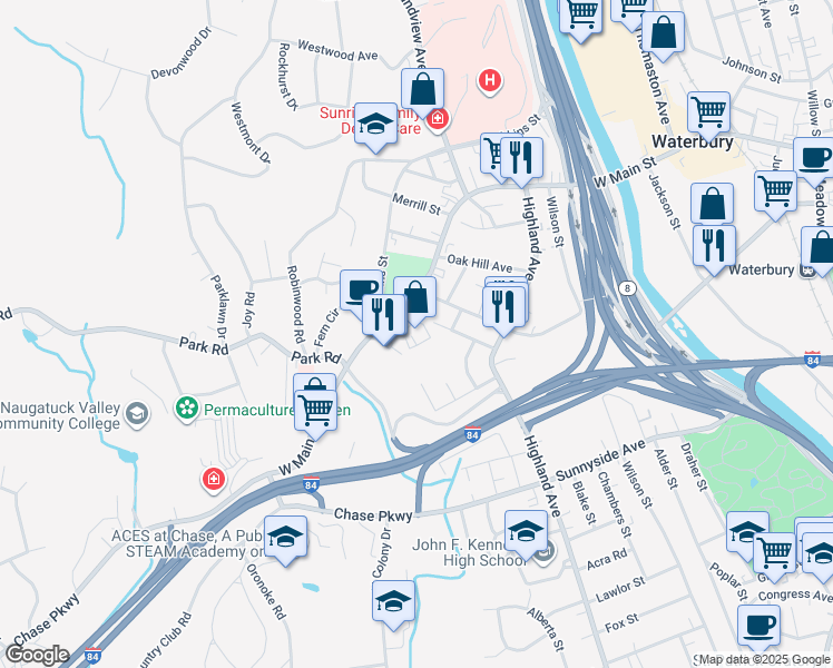map of restaurants, bars, coffee shops, grocery stores, and more near 1201 West Main Street in Waterbury