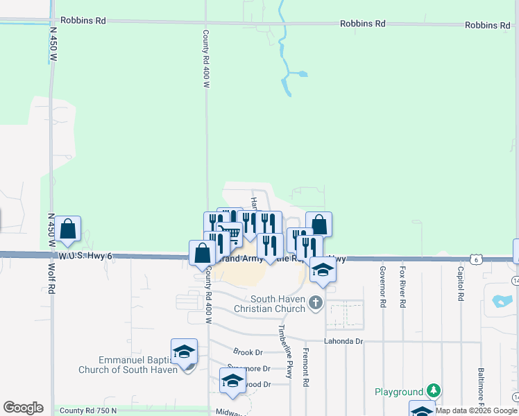 map of restaurants, bars, coffee shops, grocery stores, and more near 171-199 Harmony Trail in Valparaiso