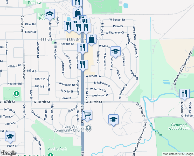 map of restaurants, bars, coffee shops, grocery stores, and more near 900 West Strieff Lane in Glenwood