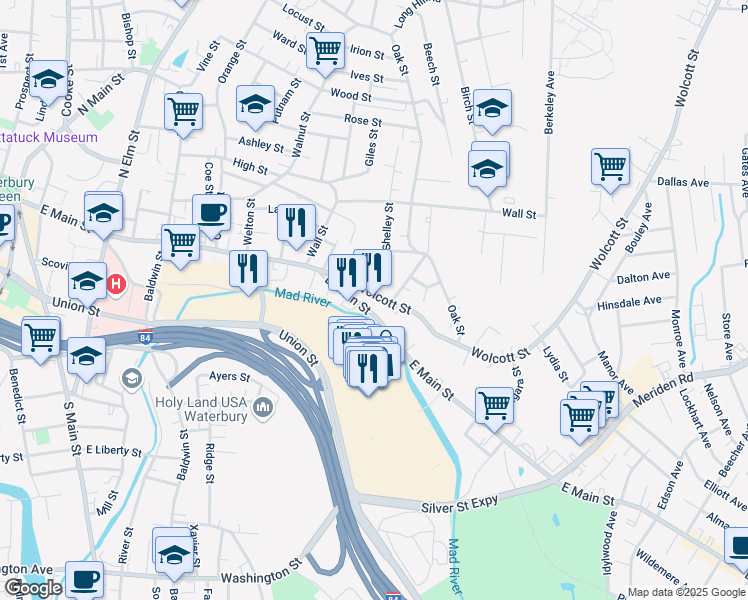 map of restaurants, bars, coffee shops, grocery stores, and more near 68 Wolcott Street in Waterbury
