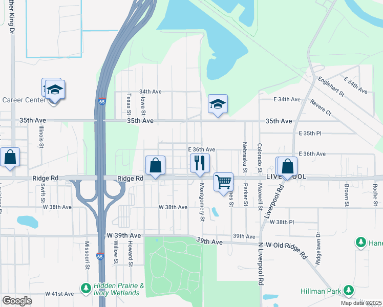 map of restaurants, bars, coffee shops, grocery stores, and more near 2722 East 36th Avenue in Gary