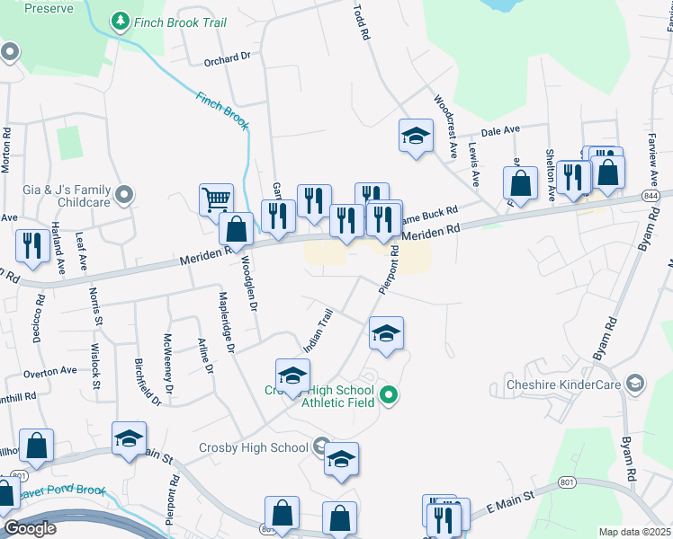 map of restaurants, bars, coffee shops, grocery stores, and more near 84 Wedgewood Drive in Waterbury