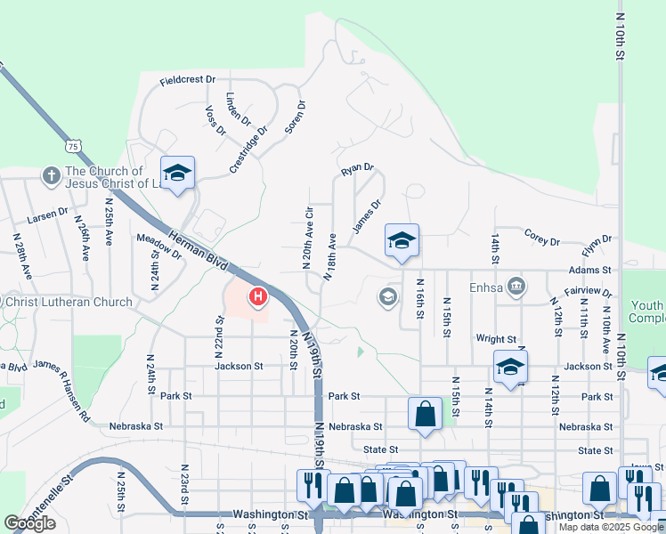 map of restaurants, bars, coffee shops, grocery stores, and more near North 18th Avenue in Blair