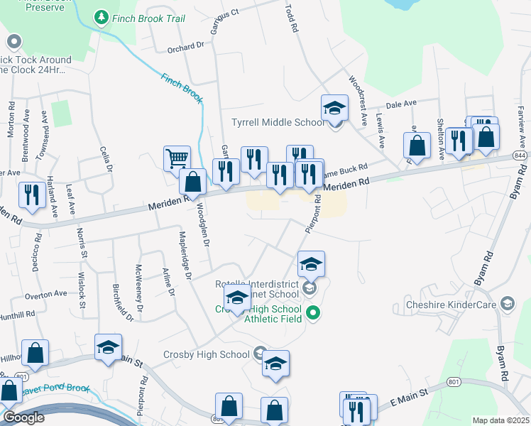 map of restaurants, bars, coffee shops, grocery stores, and more near 84 Wedgewood Drive in Waterbury