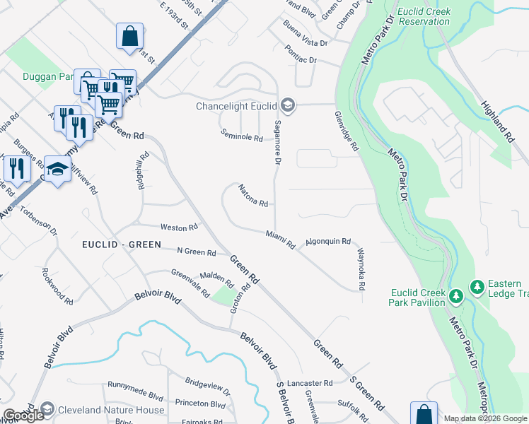 map of restaurants, bars, coffee shops, grocery stores, and more near 2051 Sagamore Drive in Euclid