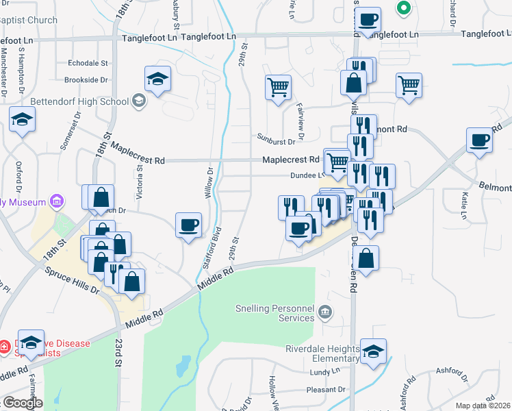 map of restaurants, bars, coffee shops, grocery stores, and more near 2900 Middle Road in Bettendorf