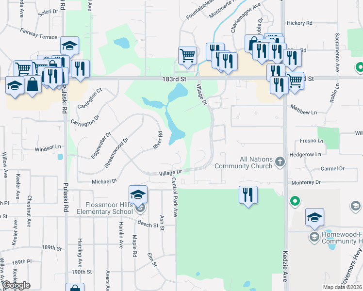 map of restaurants, bars, coffee shops, grocery stores, and more near 1805 Emily Court in Hazel Crest