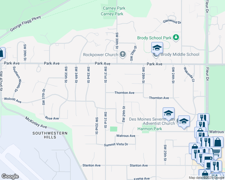 map of restaurants, bars, coffee shops, grocery stores, and more near 3007 Thornton Avenue in Des Moines