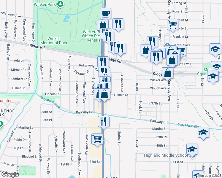 map of restaurants, bars, coffee shops, grocery stores, and more near 2441 Clough Avenue in Highland