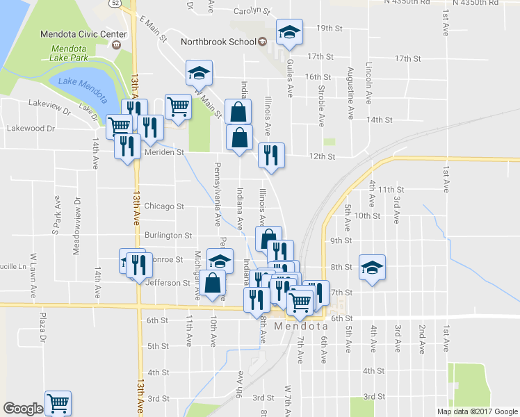 map of restaurants, bars, coffee shops, grocery stores, and more near 810 Chicago Street in Mendota