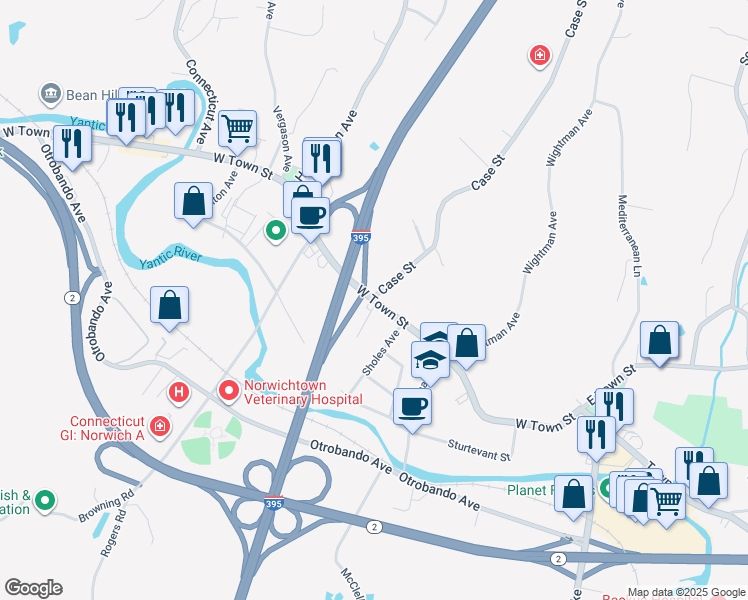 map of restaurants, bars, coffee shops, grocery stores, and more near 124 West Town Street in Norwich