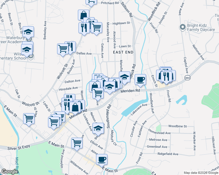 map of restaurants, bars, coffee shops, grocery stores, and more near 49 Radcliffe Avenue in Waterbury