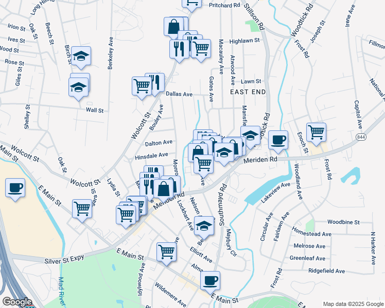 map of restaurants, bars, coffee shops, grocery stores, and more near 119 Store Avenue in Waterbury