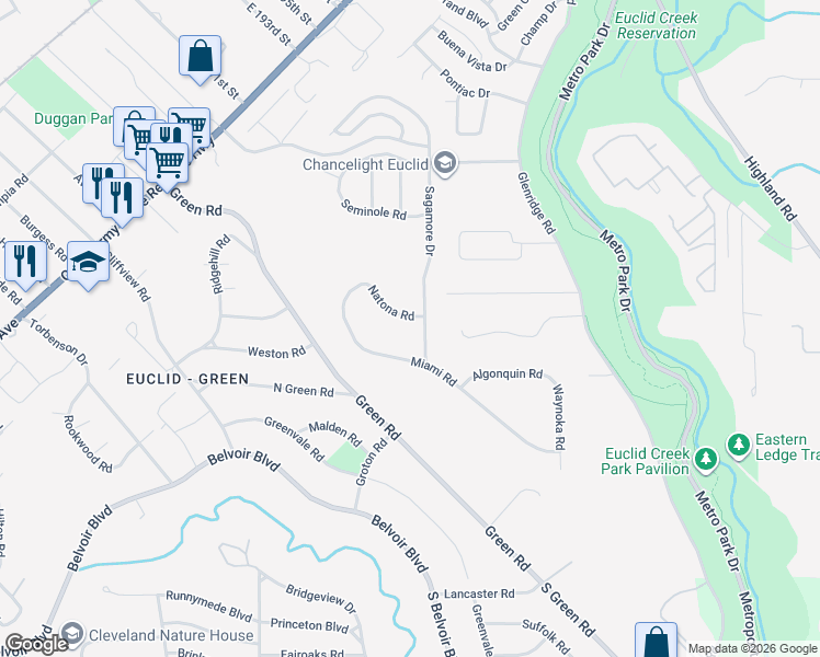 map of restaurants, bars, coffee shops, grocery stores, and more near 2051 Sagamore Drive in Euclid