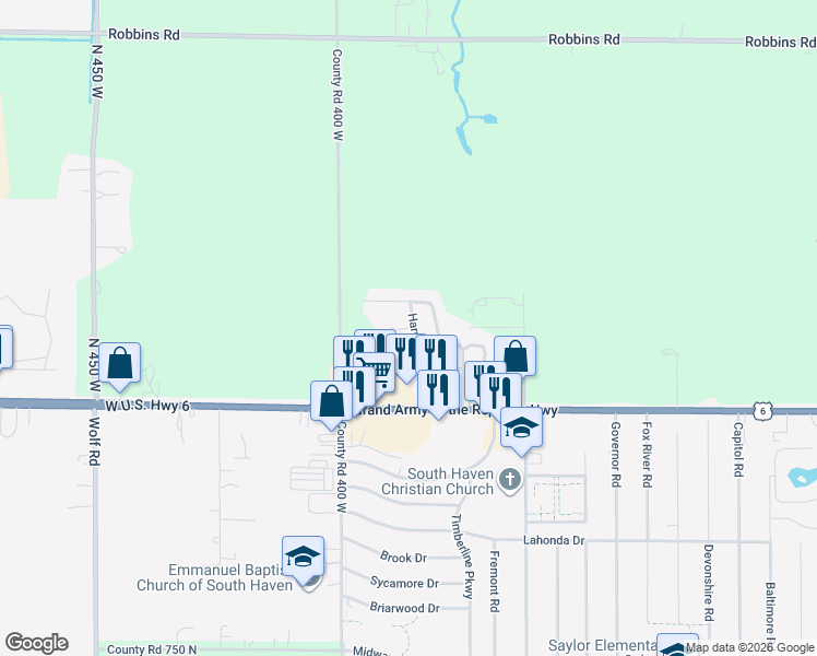 map of restaurants, bars, coffee shops, grocery stores, and more near 171-199 Harmony Trail in Valparaiso