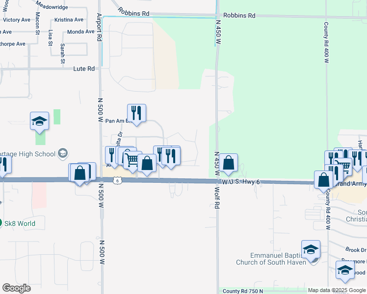 map of restaurants, bars, coffee shops, grocery stores, and more near 6643 Lagoon Way in Portage