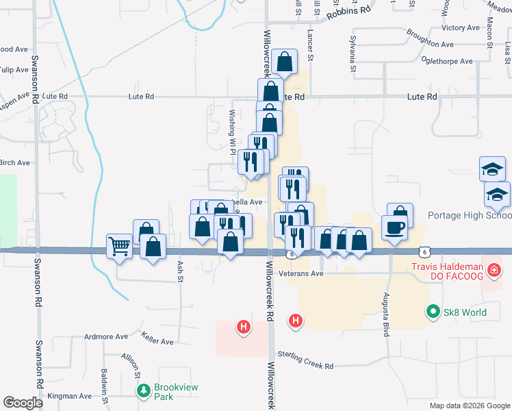 map of restaurants, bars, coffee shops, grocery stores, and more near 5974-5998 Marbella Ave in Portage