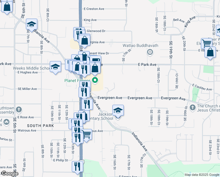 map of restaurants, bars, coffee shops, grocery stores, and more near 1516 Evergreen Avenue in Des Moines