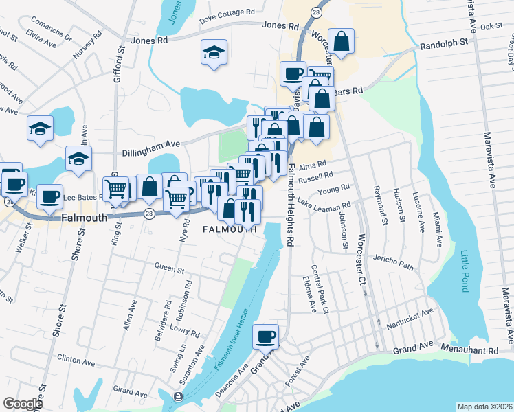 map of restaurants, bars, coffee shops, grocery stores, and more near 24 Scranton Ave in Falmouth