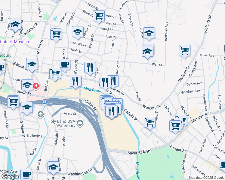 map of restaurants, bars, coffee shops, grocery stores, and more near 835 East Main Street in Waterbury
