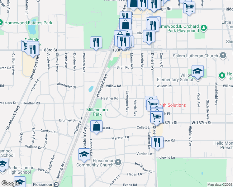map of restaurants, bars, coffee shops, grocery stores, and more near 18522 Klimm Avenue in Homewood