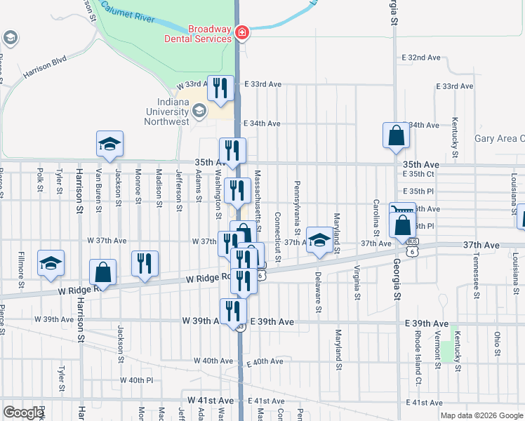 map of restaurants, bars, coffee shops, grocery stores, and more near 151 East 36th Avenue in Gary