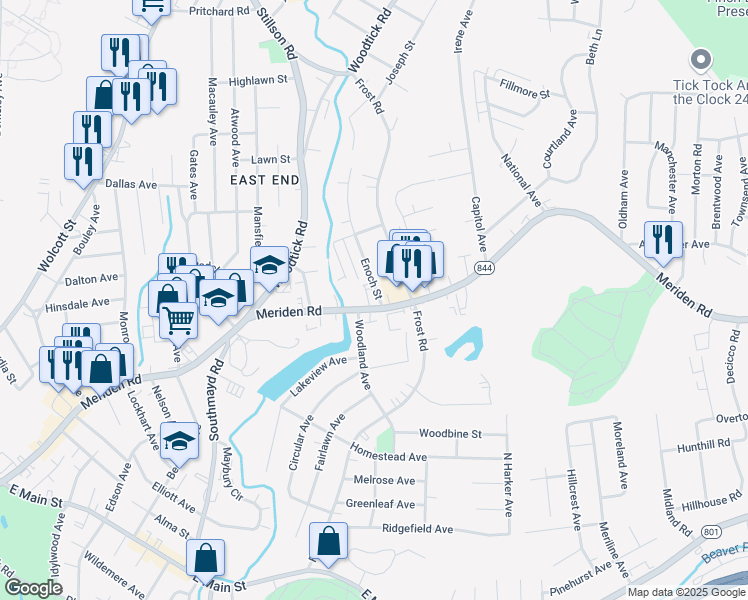 map of restaurants, bars, coffee shops, grocery stores, and more near 513 Meriden Road in Waterbury