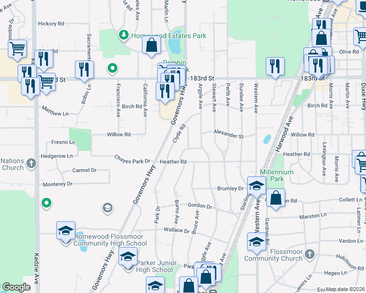 map of restaurants, bars, coffee shops, grocery stores, and more near 18516 Stedhall Road in Homewood