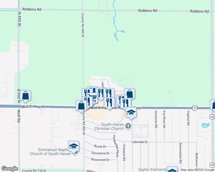 map of restaurants, bars, coffee shops, grocery stores, and more near 70-98 Greenfield Lane in Valparaiso