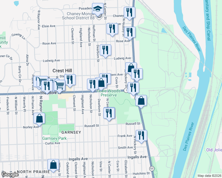 map of restaurants, bars, coffee shops, grocery stores, and more near 358 Theodore Street in Crest Hill