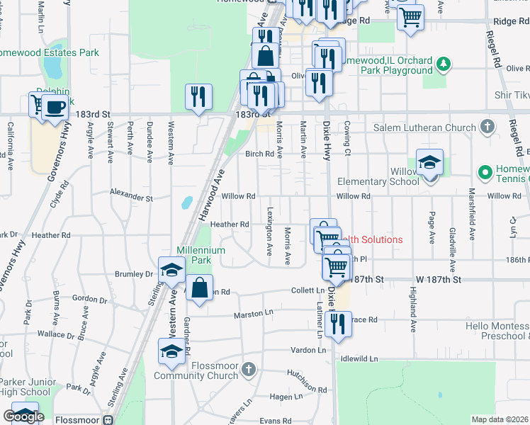 map of restaurants, bars, coffee shops, grocery stores, and more near 18520 Lexington Avenue in Homewood