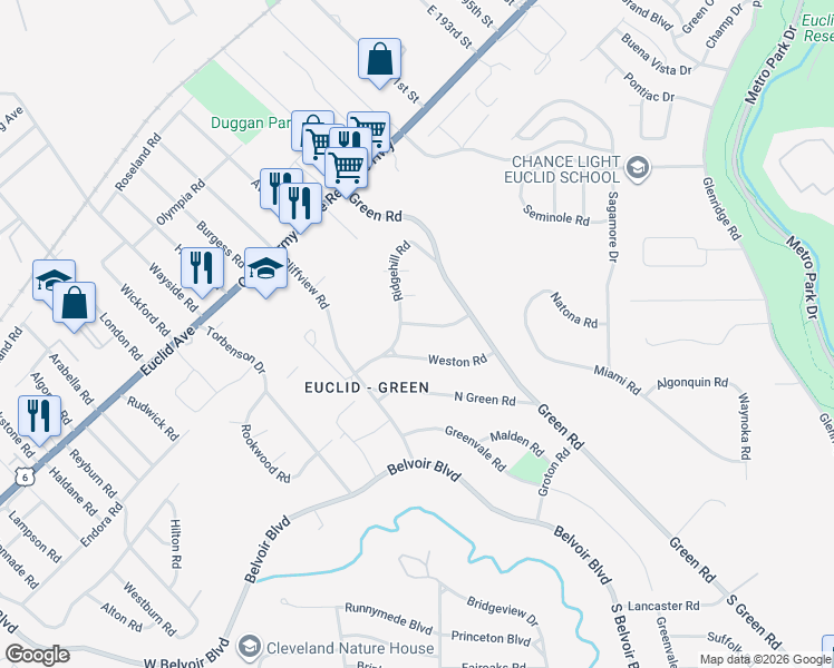 map of restaurants, bars, coffee shops, grocery stores, and more near 18056 Blandford Road in Cleveland
