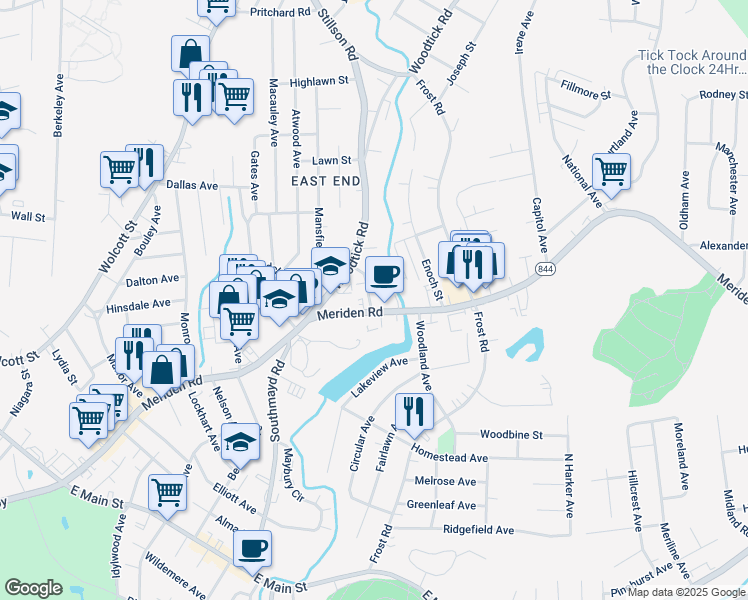 map of restaurants, bars, coffee shops, grocery stores, and more near 31 Granger Street in Waterbury