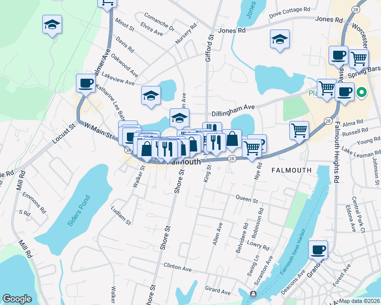 map of restaurants, bars, coffee shops, grocery stores, and more near 149 Katharine Lee Bates Road in Falmouth