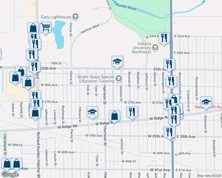 map of restaurants, bars, coffee shops, grocery stores, and more near 3605 Van Buren Street in Gary
