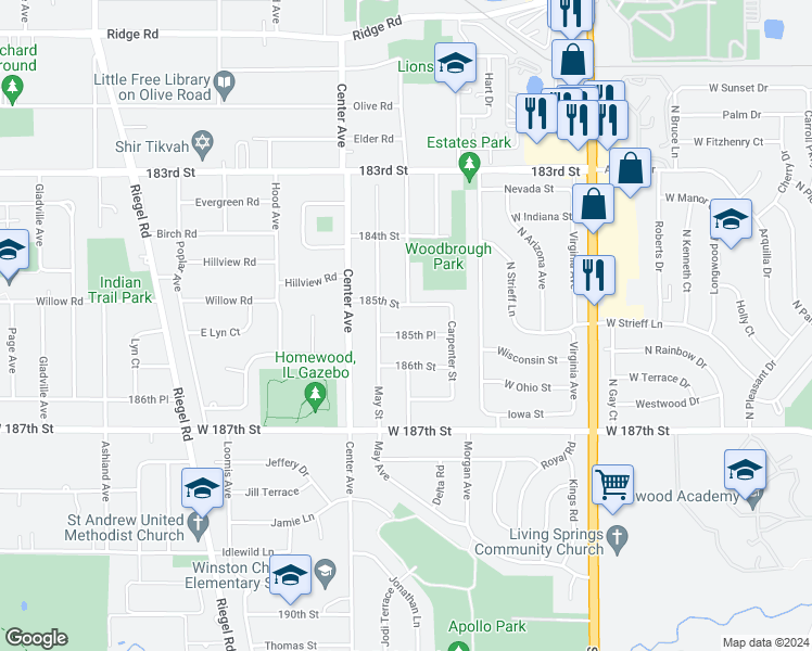 map of restaurants, bars, coffee shops, grocery stores, and more near 1101 185th Street in Homewood
