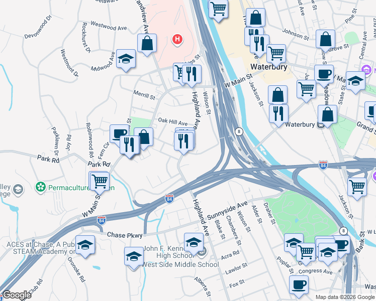 map of restaurants, bars, coffee shops, grocery stores, and more near 146 Highland Avenue in Waterbury