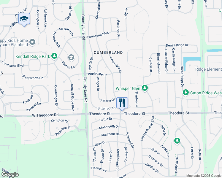 map of restaurants, bars, coffee shops, grocery stores, and more near 1715 Cumberland Drive in Plainfield