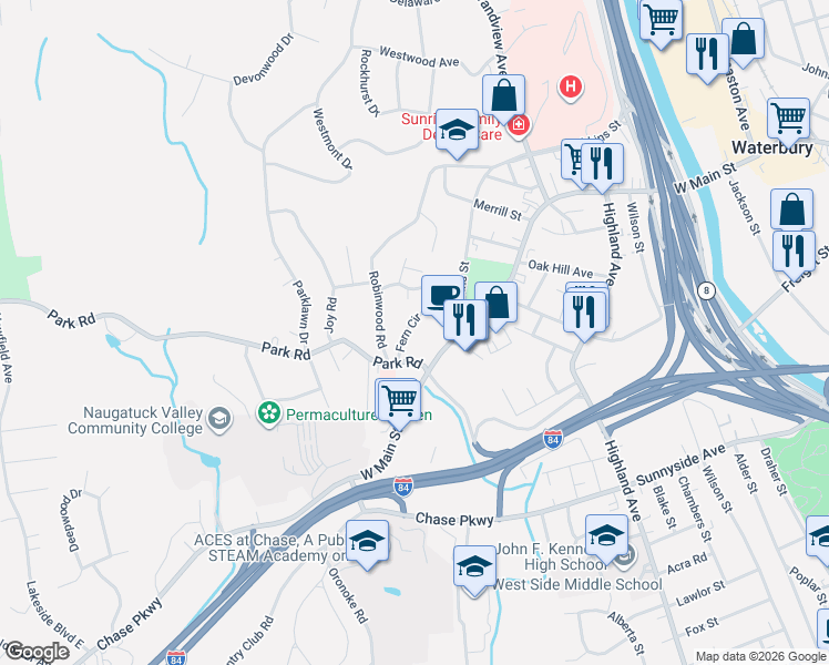 map of restaurants, bars, coffee shops, grocery stores, and more near 87 Fern Circle in Waterbury