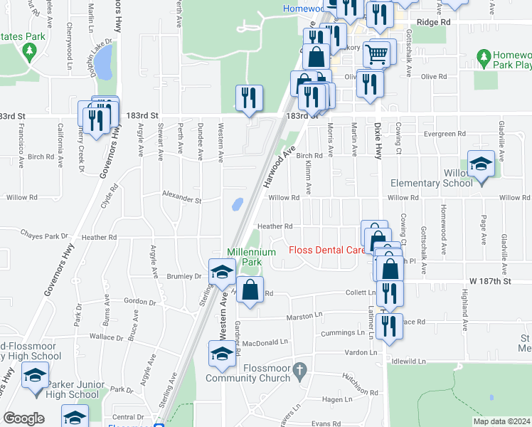map of restaurants, bars, coffee shops, grocery stores, and more near 18515 Harwood Avenue in Homewood