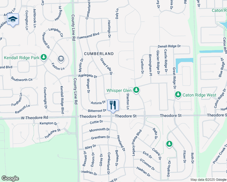 map of restaurants, bars, coffee shops, grocery stores, and more near 1800 Great Falls Drive in Plainfield