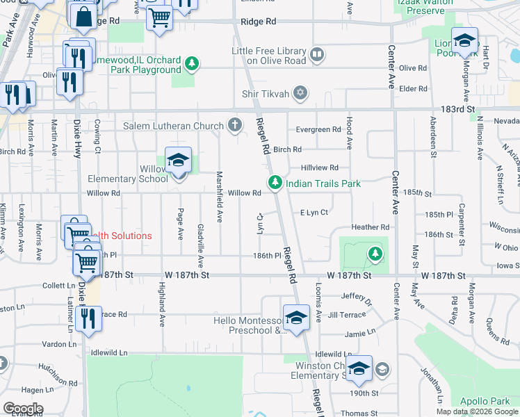 map of restaurants, bars, coffee shops, grocery stores, and more near 18528 Lyn Court in Homewood