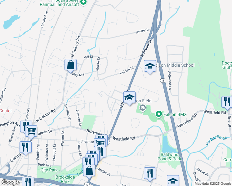 map of restaurants, bars, coffee shops, grocery stores, and more near 40 Clark Street in Meriden