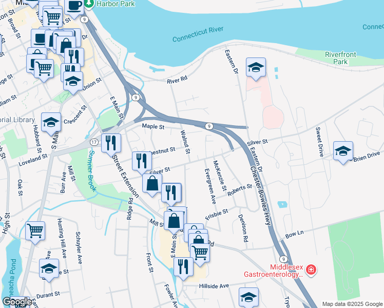 map of restaurants, bars, coffee shops, grocery stores, and more near 8 Walnut Street in Middletown